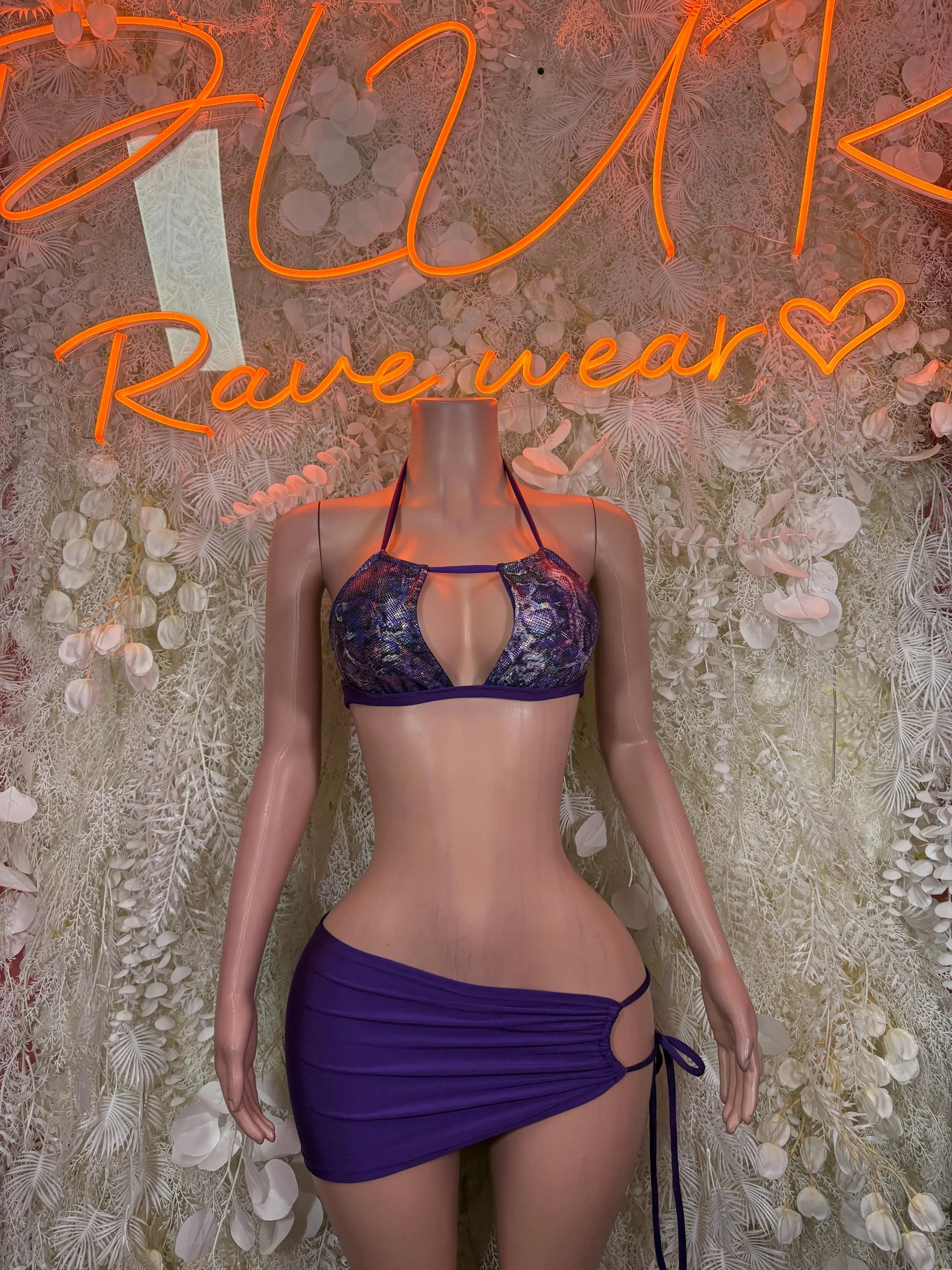 Women's 2-Piece Exotic Purple Snakeskin Sleeveless Halter Top & Ruched Mini Length Short Skirt Set, Holographic Festival Wear Rave Outfit