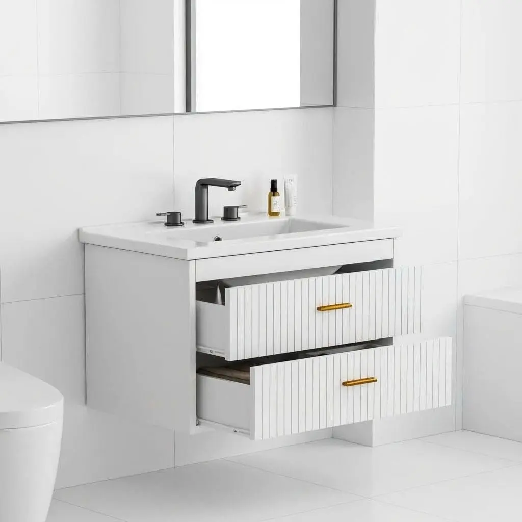 Modern Floating Bathroom Vanity Set - Wall-Mounted Bathroom Cabinet with Resin Sink, Waterproof MDF, Soft-Close Drawers, Gold Handles, Contemporary Design, 2 Sizes