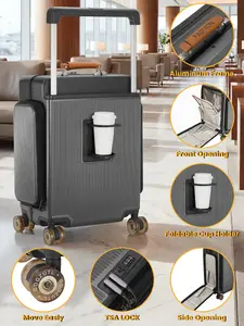 Carry-On Suitcase - Front-Open Hard-Shell Travel Bag with14" Laptop Compartment, Foldable Cup Holder & Dual SidePockets, Aluminum Frame, TSA Lock (Titanium Gray) One-Button Removable Wheels Luggage
