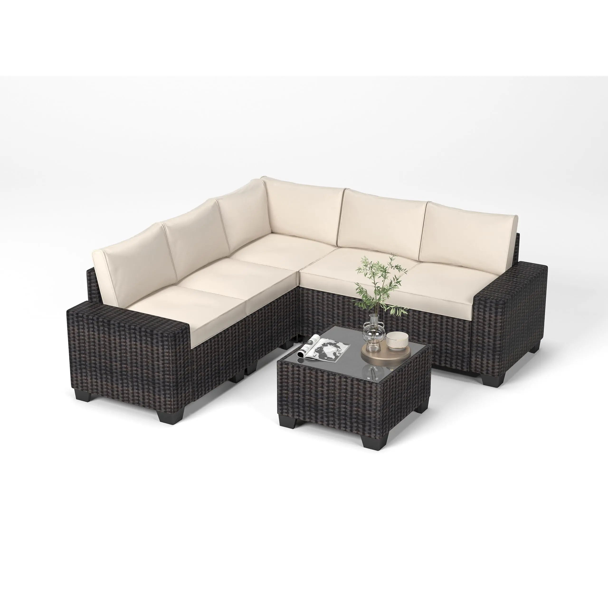 Garvee 6 Pieces Outdoor patio Sectional Furniture PE Rattan Sofa Set, All Weather Wicker Modular Patio Conversation Couch Sets with Coffee Table & Thickened Cushions for Backyard, Poolside, Brown & Beige
