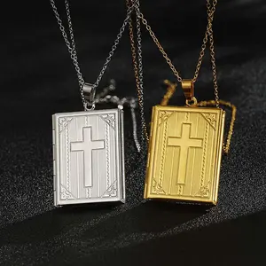 Unisex Cross-Shaped Square Openable Locket Necklace with Gold Plated Chain, Metal Coated Clavicle Jewelry, Unique Touch Accessory for Daily Wear Outfits