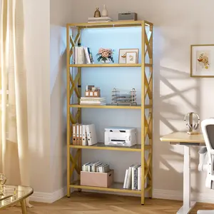 3-5 Tiers Metal Bookshelf with Tempered Glass Shelves and LED Lights, Gold Bookcase Metal Frame Display Storage Shelving Rack for Living Room Office