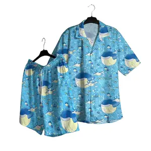 PKM Ocean Hawaiian Shirt Shorts Set, Water Type Wailmer Mantine Chinchou Tropical Floral Aloha Beach Shirt, Anime Clothing Holiday Gifts
