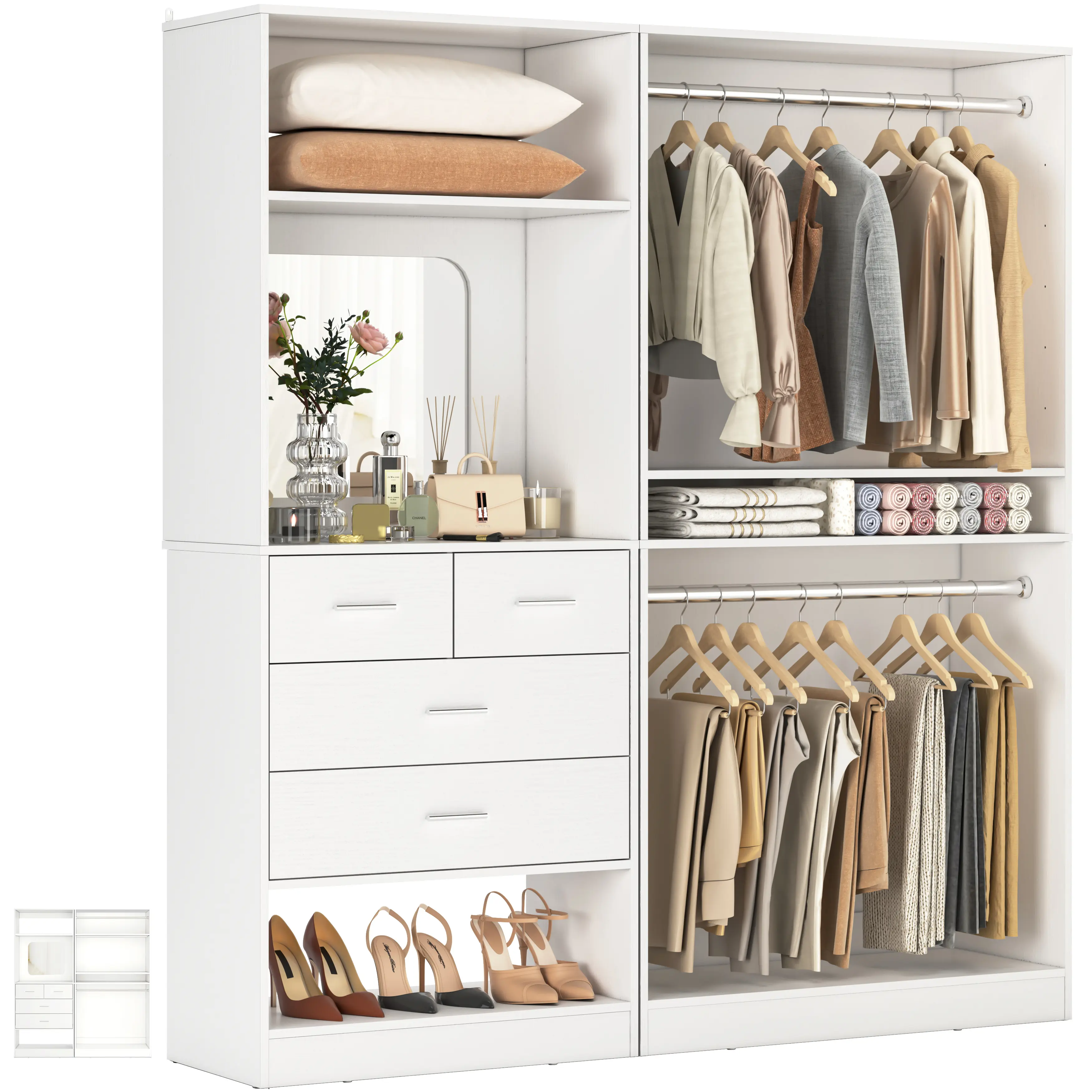 Unikito 61" Closet System, Heavy Duty Wood Closet Organizer with 4 Hanging Rods, Walk-in Wardrobe Garment Rack with Adjustable Shelves, Free-standing Clothing Rack