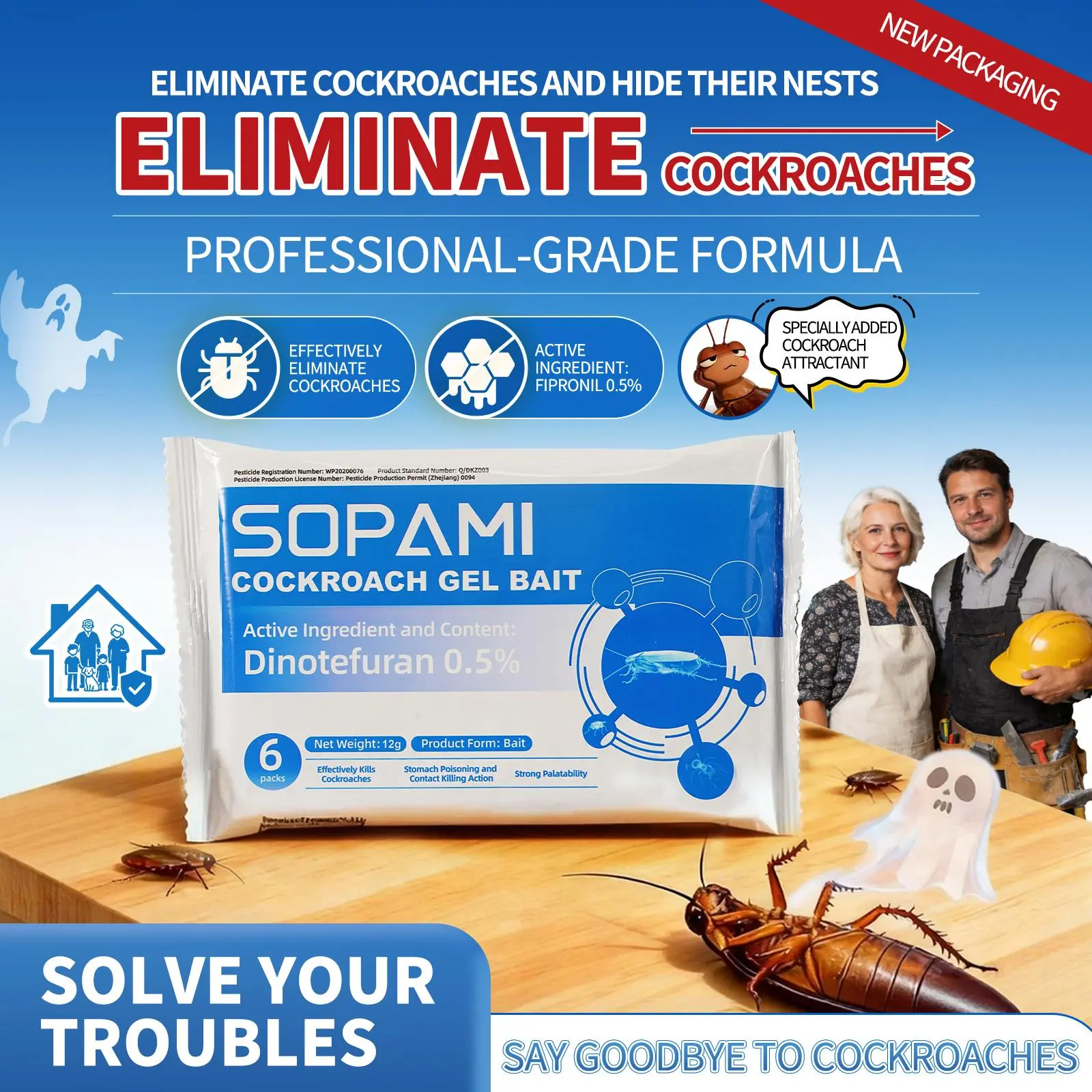 SOPAMI Insecticidal Bait - Small Size Roach Bait for Kitchen & Indoor Use with Dinetofuran 0.5% Active Ingredient No Magnets Cockroach Repellent Gel Cockroach Control Cockroach Killer