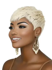 Pixie Cut Human Hair Wig, Blonde Remy Machine Made Short Straight Layered Wig for Women, Daily Party Cosplay Friendly Gift Use, Unique Layered Texture
