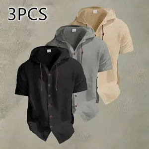 3-Pack Men’s Casual Solid Color Hooded Short-Sleeve Shirt – Button Closure, Lightweight & Breathable, Minimalist Design, 95% Linen, 5% Polyester; Ideal for Indoor Parties and Outdoor Activities, a Summer Must-Have Trendy Style.Summervibes