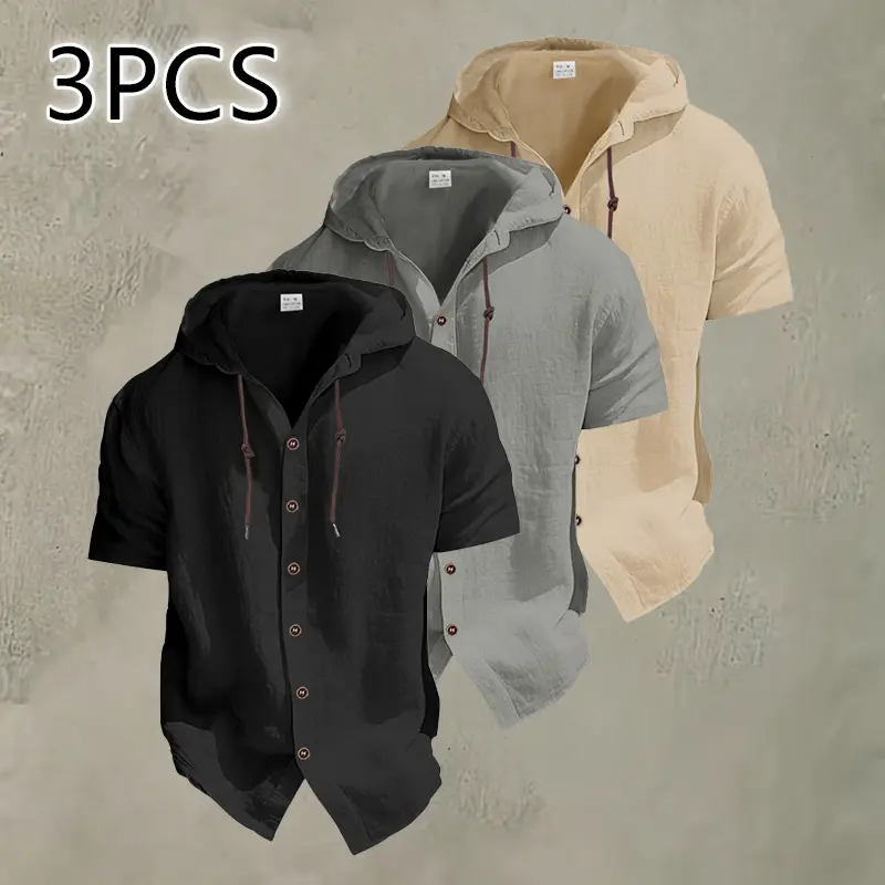 Men's 3-Pack Casual Plain Short-Sleeve Hooded Shirts - Button Closure, Lightweight, Breathable, Minimalist Stylish Menswear Tops, 95% Linen 5% Polyester, Ideal for Indoor Parties & Outdoor Activities, Summer Must-Have