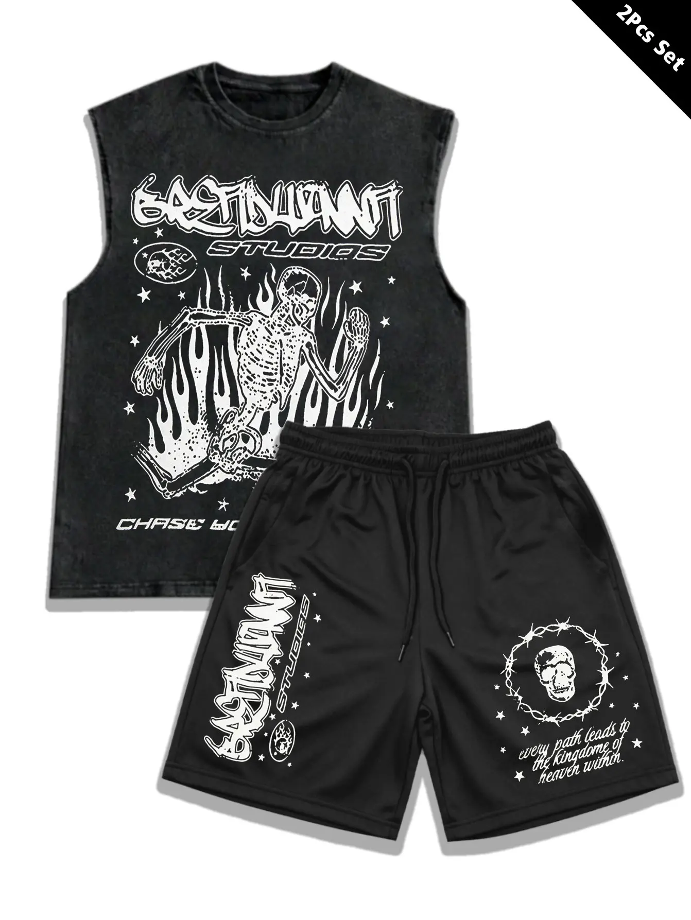1 set washed vintage sleeveless tank top paired with black athletic shorts, a two-piece outfit featuring prints including flames, running skeleton skeletal motifs, thorn wreaths, and pentagrams; unisex and suitable for all seasons; heavy metal, outdoor s