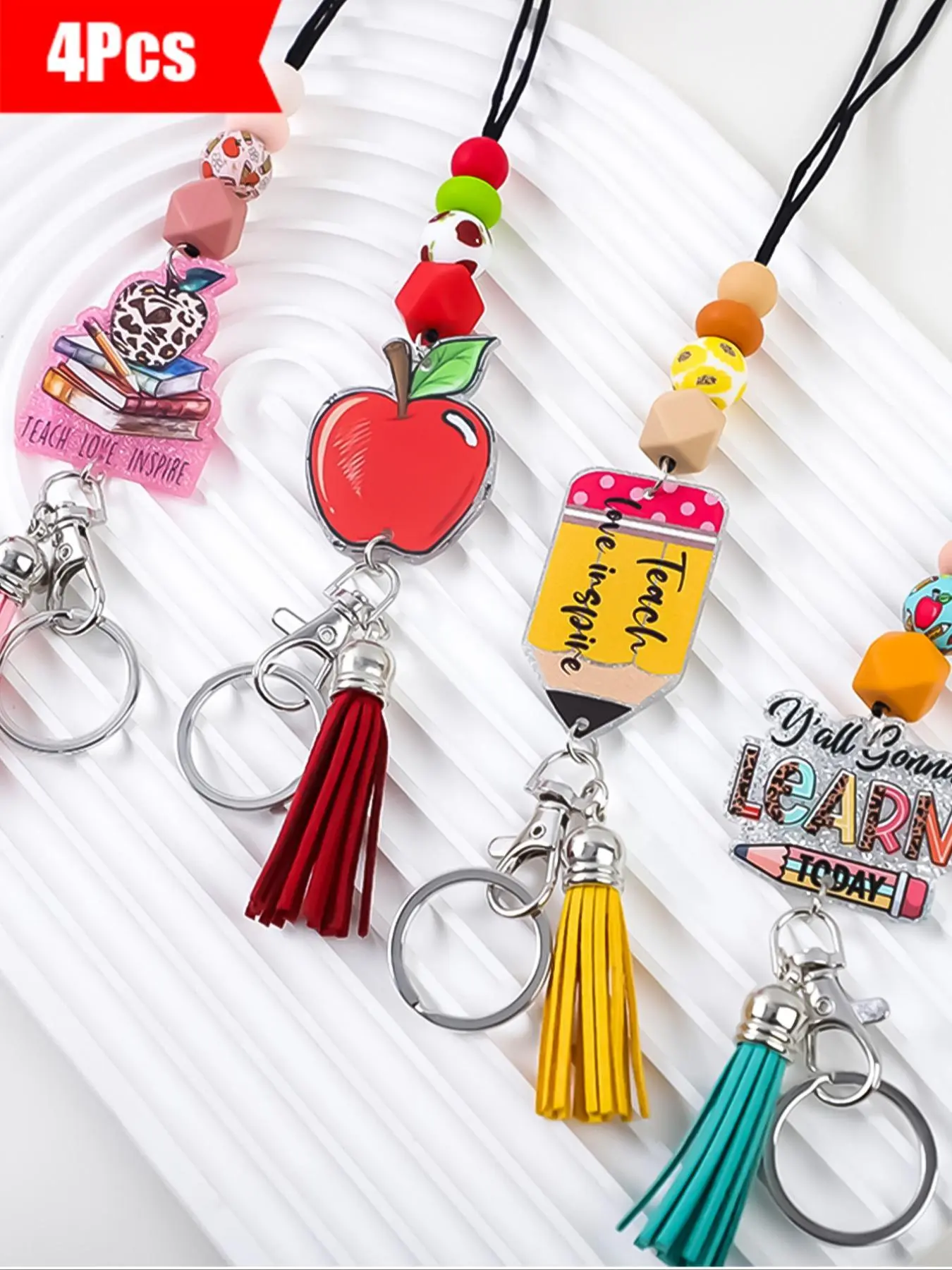 4-Piece Candy Color Silicone Beaded Lanyard Keychain Set, Trendy Cute Girly Keychain, Features Apple, Pencil, and Book Motifs, Ideal Teacher's Day Gift and Friends' Present, Cute Keychain, Keychain Kawaii