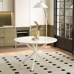 【GOOGREAT】47.24'' Modern Cross Leg Round Dining Table, White Marble Top Occasional Table, Two Piece Removable Top, Matte Finish Iron Legs