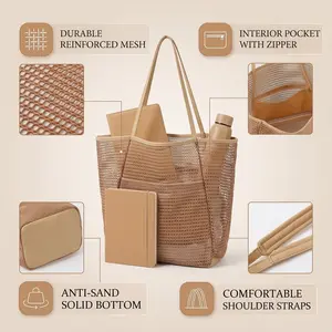 Summer Swimming Mesh Beach Bag for Women, Large Capacity Net Pouch, Kids Swimwear Storage Bag, Foldable Woven Bag