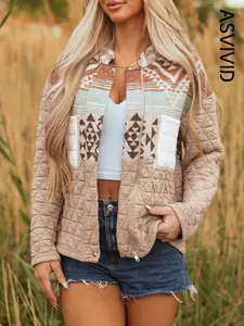 Women's Aztec Print Quilted Patchwork Jacket, Casual Elegant Western Style Stand Collar Coat, Winter Thick Outerwear with Chest Pockets