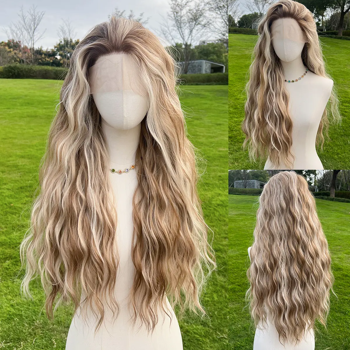 Smilco 26 Inch Wavy 13x4 Lace Front Wig for Women, Glueless Synthetic Hair with Golden Highlights and Seamless Lace Blend, Heat Resistant, Christmas, Female Glueless Curly Wig Honey Blonde Wig