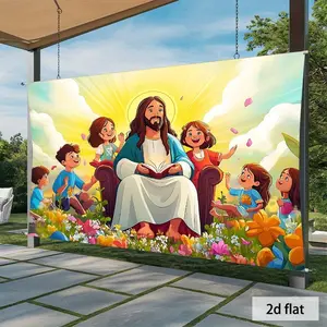 1PC High-Definition 2D Flat Cartoon Jesus and Children Themed Polyester Tapestry, 1-Piece Reusable Religious Home & Festive Decor, Ideal for Birthday Occasions, Religious Activities, One-Piece