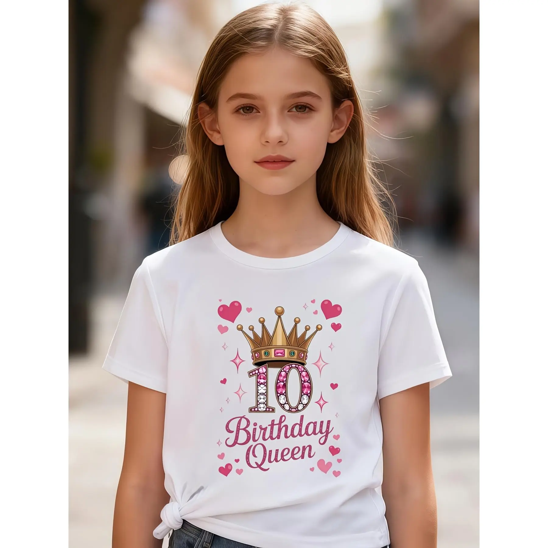 Girls' 10th Birthday Graphic T-Shirt - Crown & 10 Print, Casual Breathable Short-Sleeve Summer Knit Top for Birthday Party, Graphic Shirts, Fashion Printed Shirt