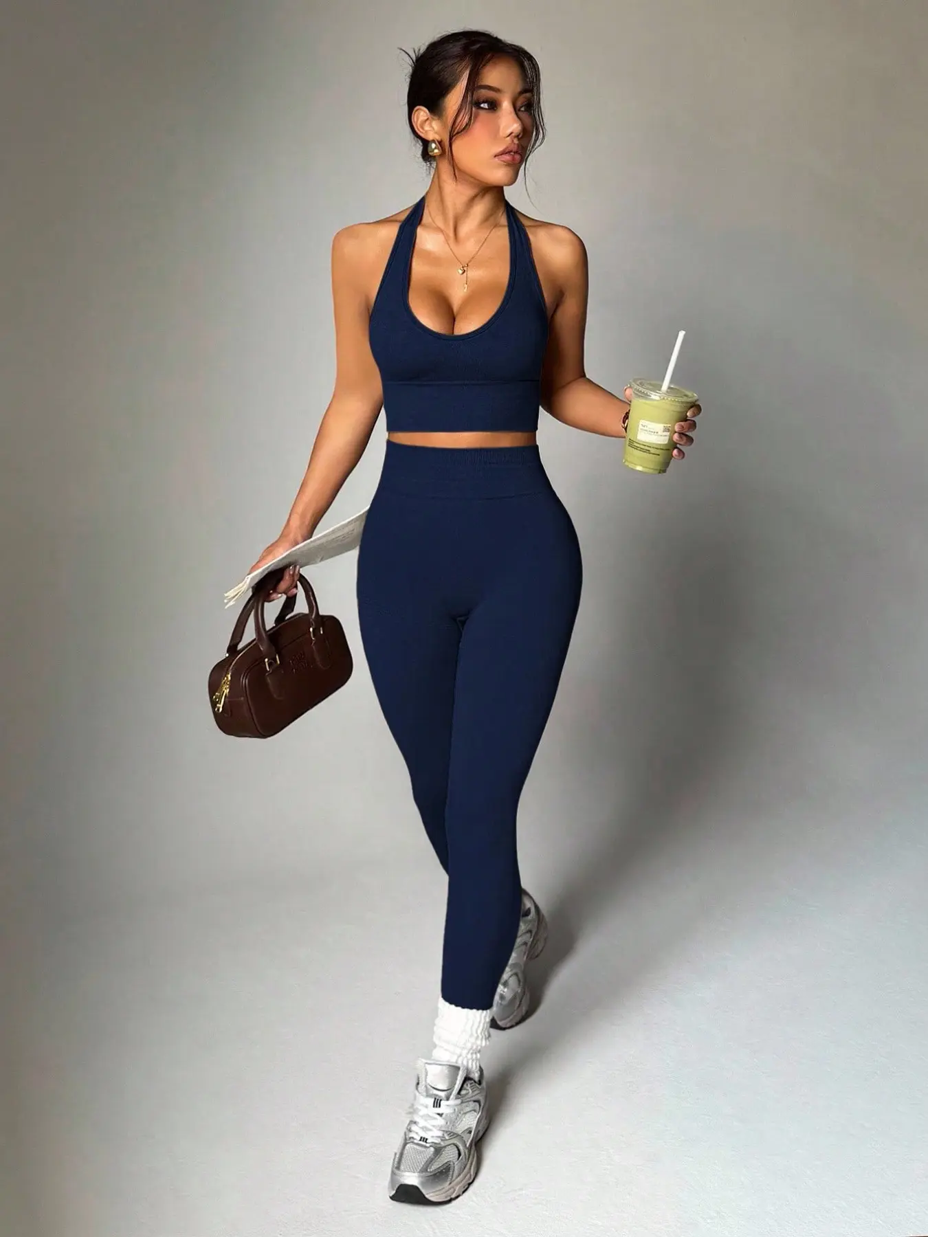 Women's sports and leisure two-piece set, elastic, breathable and comfortable fabric yoga suit, Sports Activewear Set, hanging neck sports top+wide waistband leggings, essential for the gym, Activewear Workout Set, Breathable Sporty Outfits