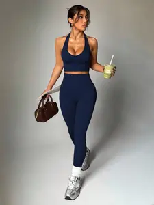 Women's sports and leisure two-piece set, elastic, breathable and comfortable fabric yoga suit, hanging neck sports top+wide waistband leggings, essential for the gym, Athleisure Wear Set, Workout Sets, Workout Sportswear, Yoga Activewear