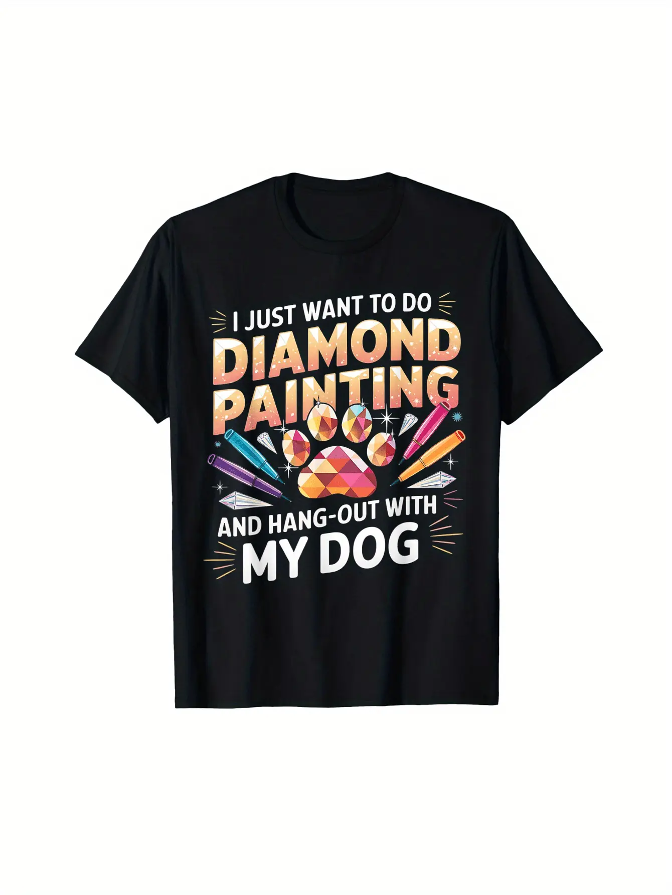 Menswear Unisex Classic Fashion Graphic T-Shirt - 100% Cotton Crew Neck, Casual All-Season Knit Top with "I Just Want to Do Diamond Painting and Hang Out with My Dog" Print for Adults