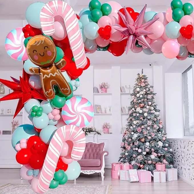 Christmas Balloon Garland Arch kit with 143 Pcs Xmas Pink Green Red Balloons Cane Candy Foil Balloons for Christmas Party Decorations Xmas New Year Birthday Party Supplies