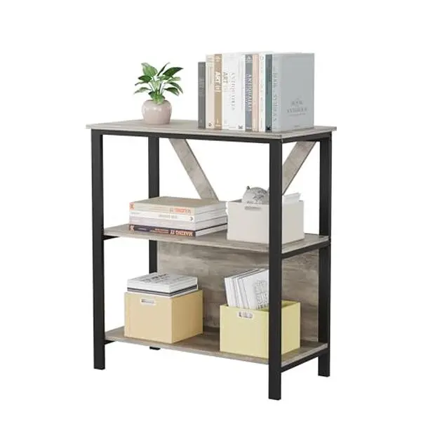 GARVEE 3 Tier Book Shelf with LED Lights, Grey Industrial Metal Display Book Case, Open Book Shelf Organizer, Tall Bookshelf, Heavy Duty Storage Bookcase for Bedroom Office Living Room