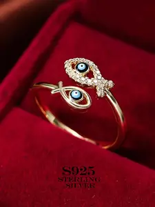 S925 Silver Enamel Evil Eye Women's Adjustable Open Ring - Pisces Resin Zodiac Ring. Perfect for Vacation, Parties, Festivals & Daily Wear. Quality Jewelry & Ideal Gift.