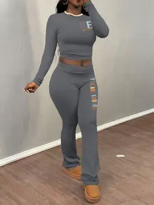 Women's Letter Print Basic Long Sleeve Crop Top & Flare Leg Pants Two-piece Set, Casual Fashion Round Neck Top & Bell Bottom Trousers for Daily Outdoor Wear, Women's Clothing for Fall & Winter, Womenswear