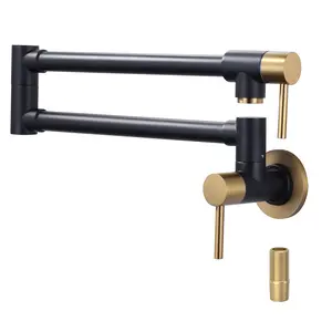 WOWOW Pot Filler Faucet Black and Gold, Solid Brass Made Pot Filler, Wall Mount Folding Kitchen Sink Pot Filler Faucets, Retractable Single Hole with Two Handles for Sink Stove