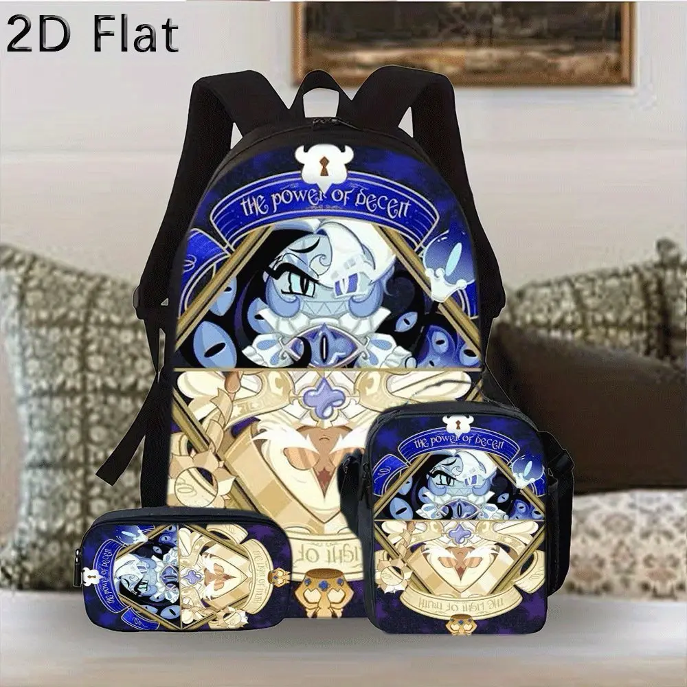 Durable Water Resistant 3-Piece Backpack Set for Kids, Lightweight School Bag with Lunch Box, Featuring Cookie Run Frost Queen Cookie Vintage Frame Full-Print, Dark Purple Star Background for Game Fans Daily School & Casual Use, Back To School Haul, First
