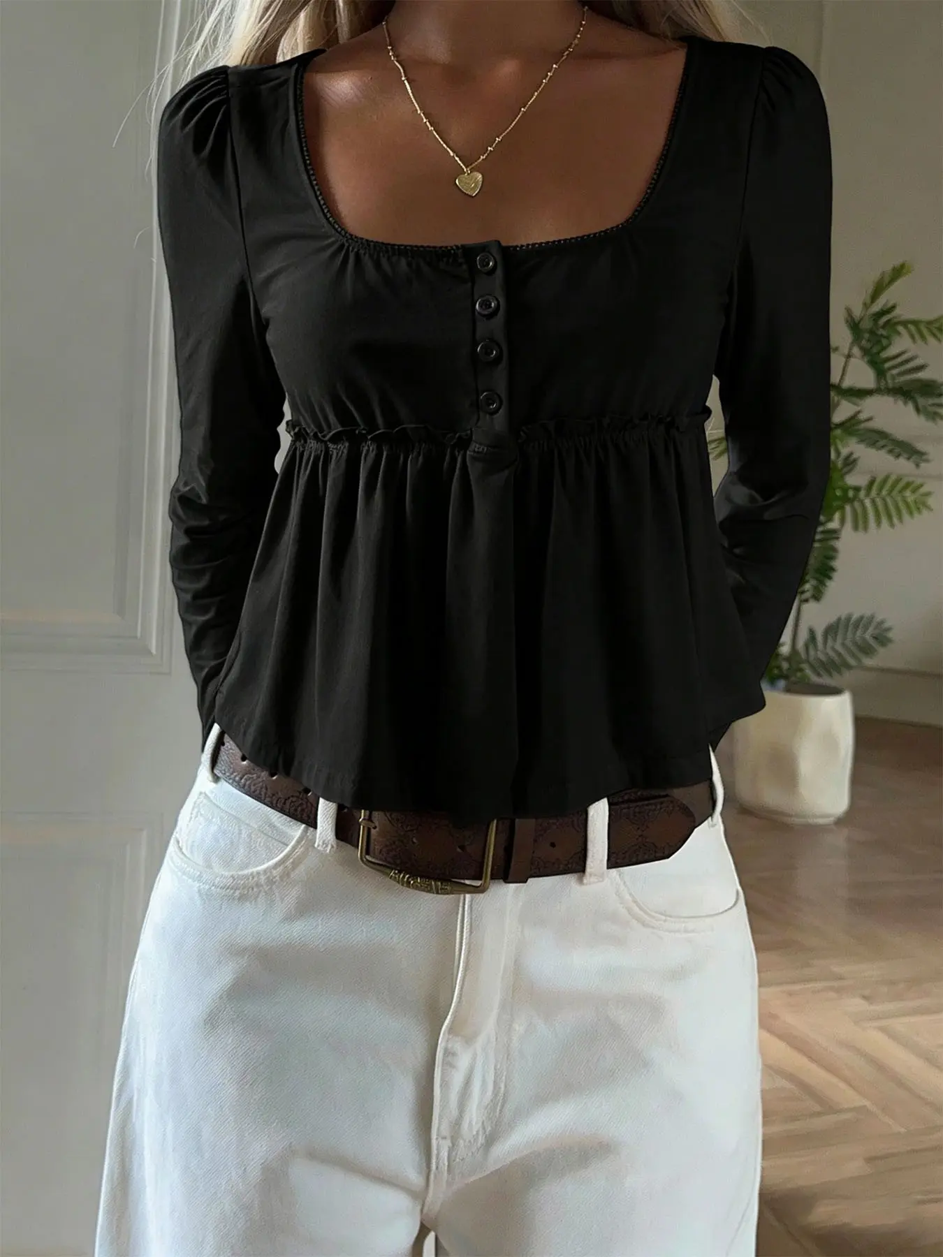 Women's Y2K Black Babydoll Long Sleeve T-shirt, Square Neck Buttoned Design, Cute Casual Aesthetic Feminine Womenswear Top for Dates, Streetwear & Daily Wear, Blouses Shirts Tops