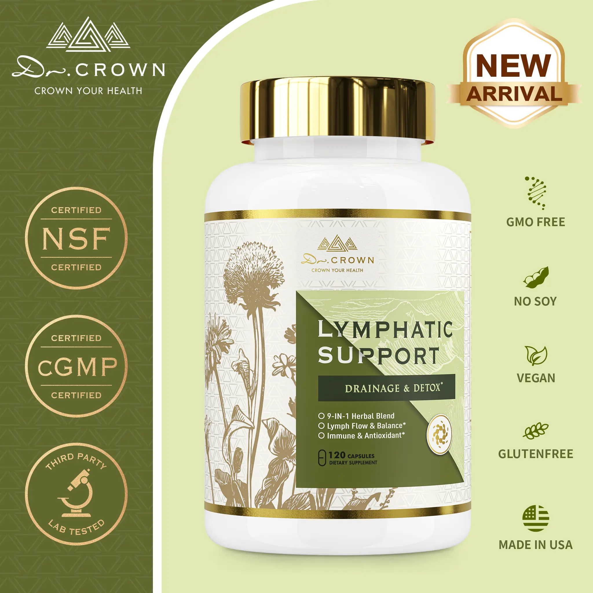 Dr. CROWN Lymphatic Drainage Supplement for Women & Men with Echinacea, Dandelion, Burdock, Cleavers & More - 120 Capsules