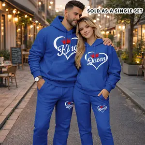 Couple's King Queen Print Hooded Sweatshirt and Drawstring Sweatpants Set (Sold as a Single Set), Casual Sportswear, Long-Sleeve Hooded Jacket and Pants, Suitable for Autumn, Winter, and Spring, Everyday Wear, Tracksuit, Casual Athletic Wear