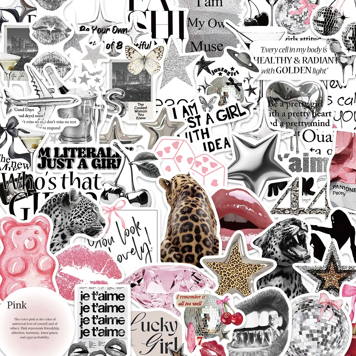 50 Silver Color Style Stickers, Creative Decorative Student Stickers for Room, Thermos Cup, Phone, Notebook, DIY Wall Decals
