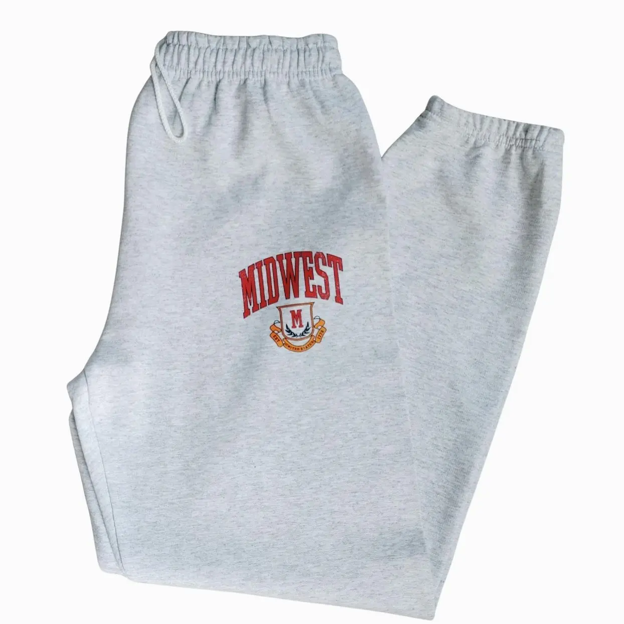 Midwest Logo Sweatpants, Distressed Varsity Joggers, Ash Gray Oversized Gildan Sweatpants, Unisex Drawstring Lounge Pants M
