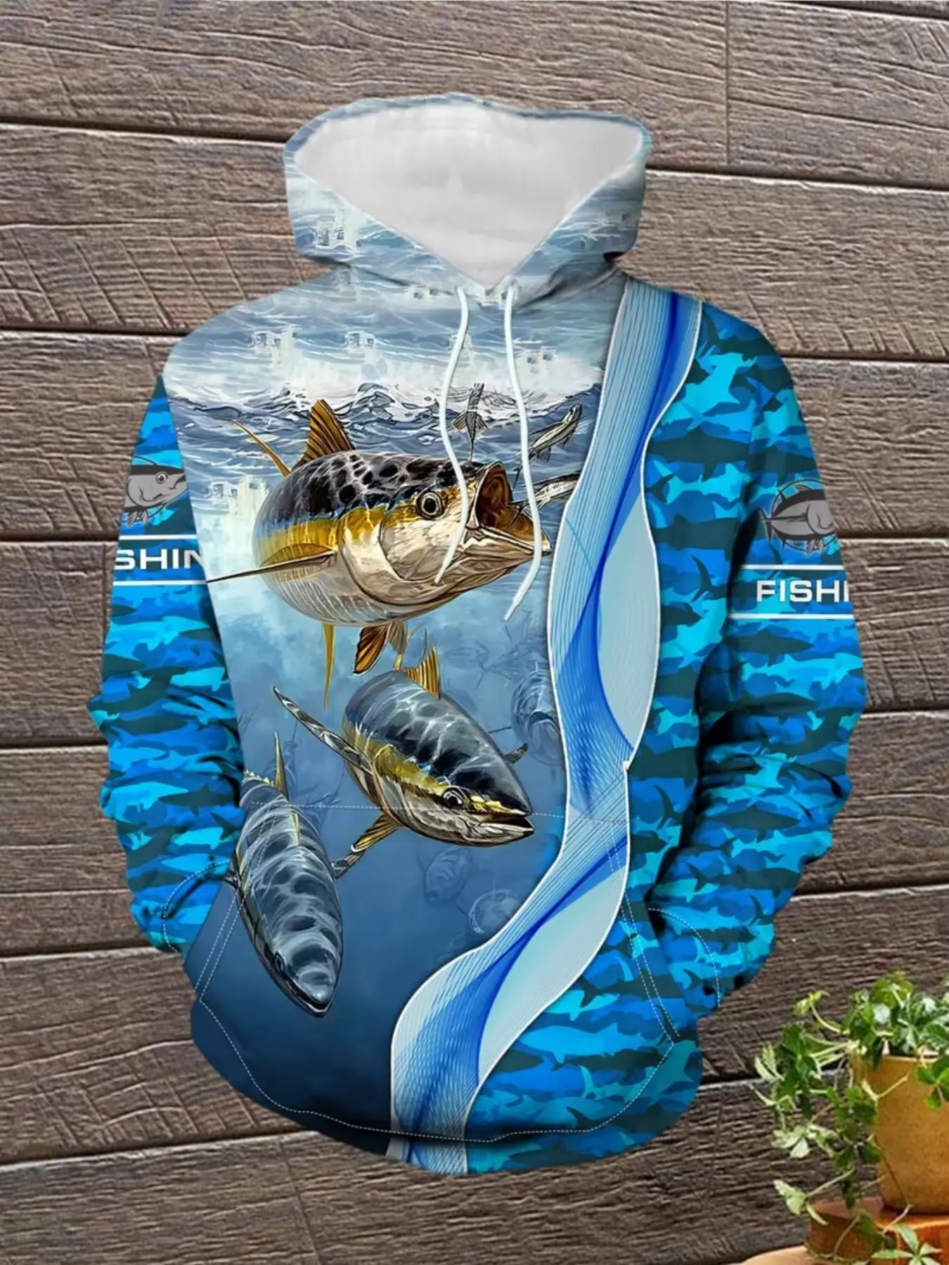 Men's Fashion Ocean Theme Digital Print Graphic Print Hoodie, Trendy Deep Sea Fish Pattern Long Sleeve Top, Casual Fitted Sweatshirt for All Seasons
