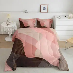 Pink and Brown Bedding Set,Abstract Geometric Girls Comforter Set,Retro Pink Brown Waves Ombre Bedding Comforter Set for Teen Adult Women