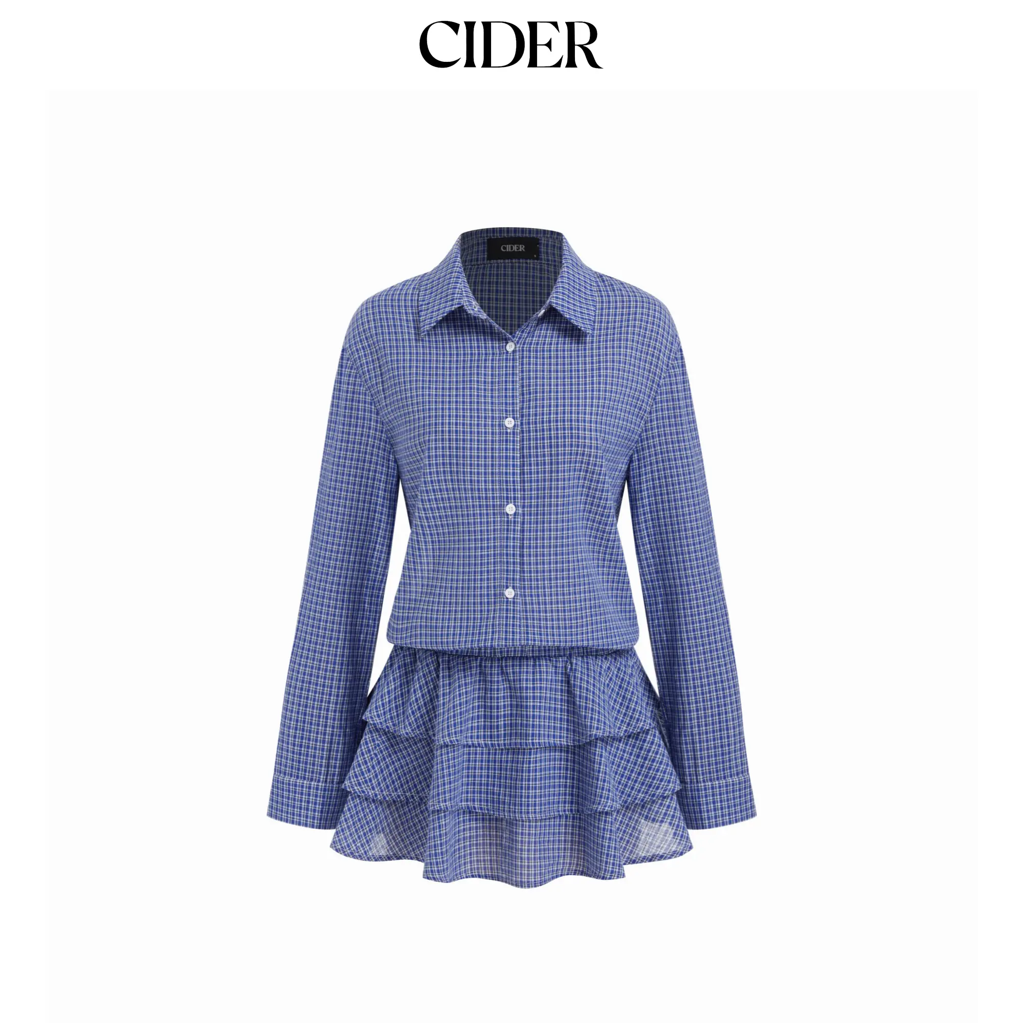 Cider Cotton-blend Plaid Collar Long Sleeve Ruffle Layered Mini Romper