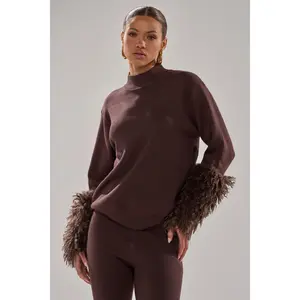 COZY VIBES SWEATER WITH FUR CUFF IN BROWN