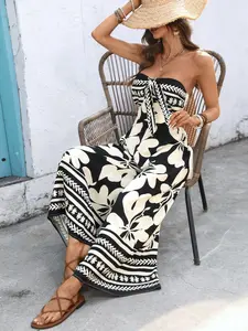 Women's Floral Print Boho Tie Back Halter Top Romper, Backless Wrap Design, Slim High Waist One-Piece Jumpsuit, Casual Fashion for Women