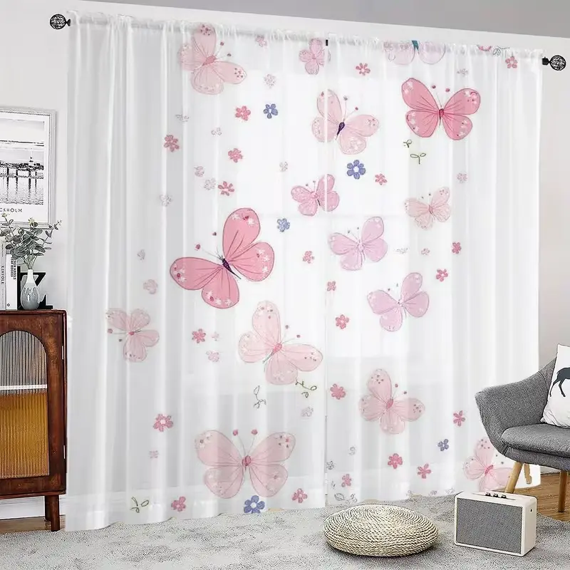 Dreamy Butterfly Floral Print Transparent Curtains, Sheer Printed Curtains, Rod Design, Soft Polyester Fabric, Living Room or Bedroom Decor