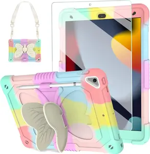 Pink Kids Case for iPad 9th/8th/7th Generation 2021/2020/2019 10.2 Inch with Tempered Glass Screen Protector & Butterfly Stand Cover for iPad 10.2 with Shoulder Strap Pencil Holder
