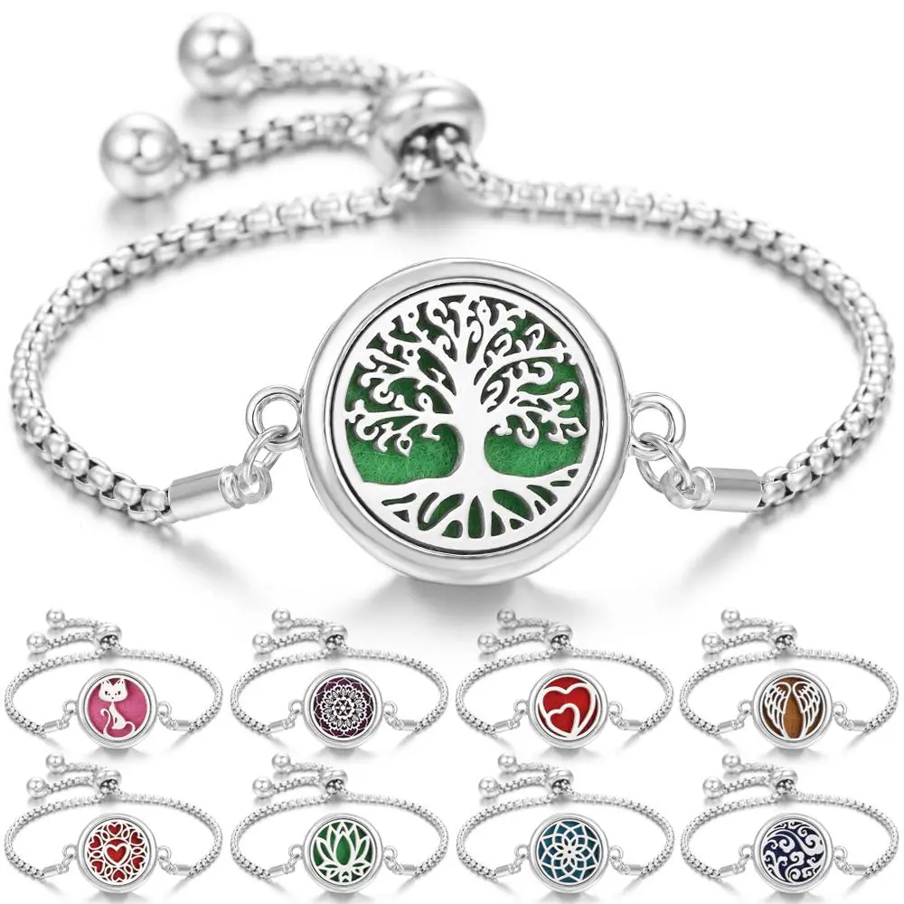 Stainless Steel 1pcs Aromatherapy Locket Bracelet - 1-Piece Costume Jewelry Bangle with 30 Tree,Cat,Flower,Heart,Wings Designs,Includes Pad for Perfume Scent Essential Oil Diffusion