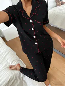Women's Short Sleeve Long Pants Pajama Set, Cherry Full Print, Soft Breathable Casual Home Wear & Loungewear, Loose Fit Two-Piece Sleepwear Pyjamas