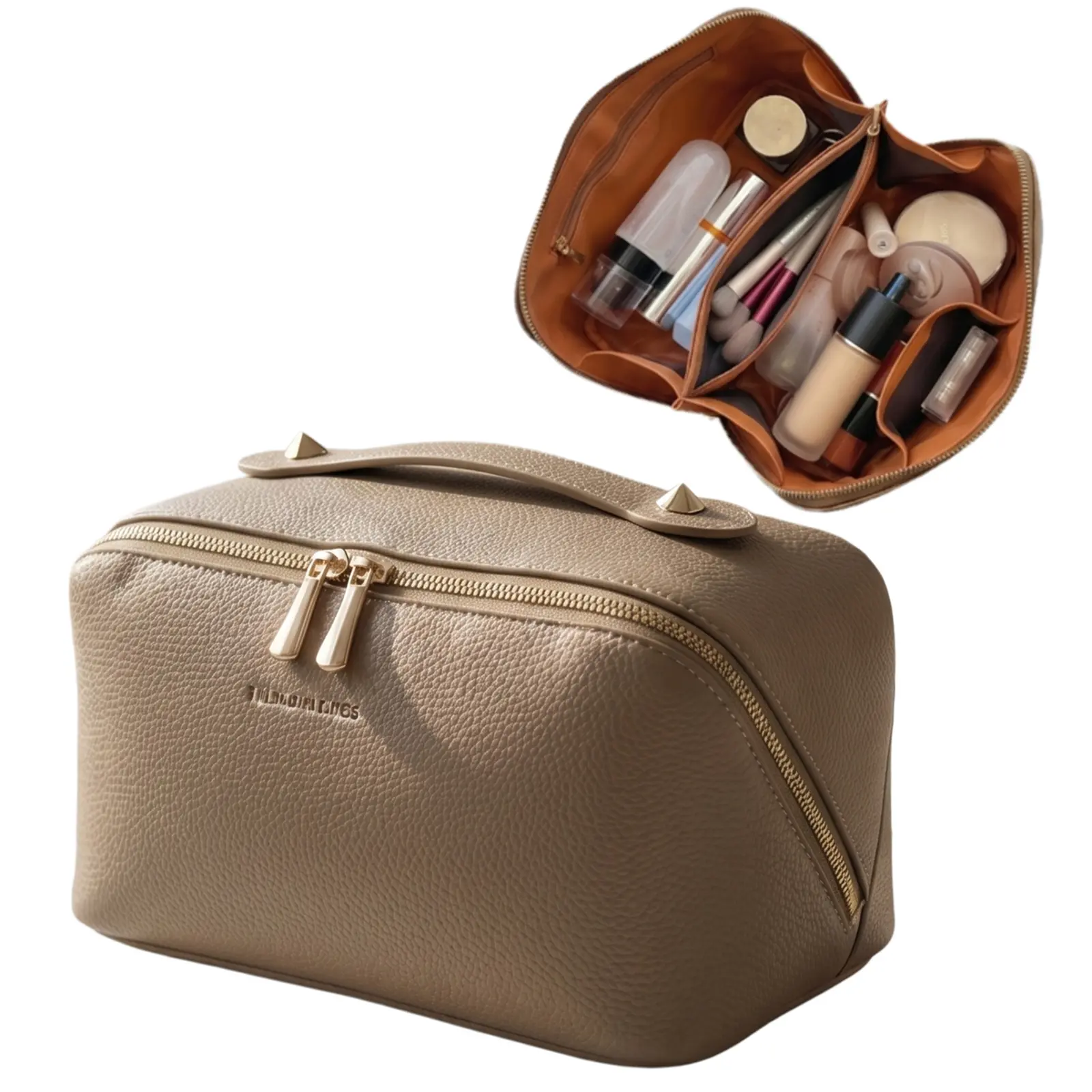 Makeup Bag for Women Travel Waterproof Vegan Leather Cosmetic Bag Open Flat Toiletry Bag With Clear Divider and Handle