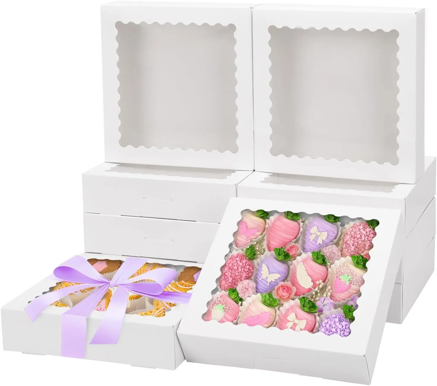 25-Piece Sturdy Transparent Window Bakeware Boxes Set, 7x7x2.48" White Auto-Popup Easy-to-Assemble Gift Ready Treat Boxes for Birthday Chocolate Strawberries, Donuts