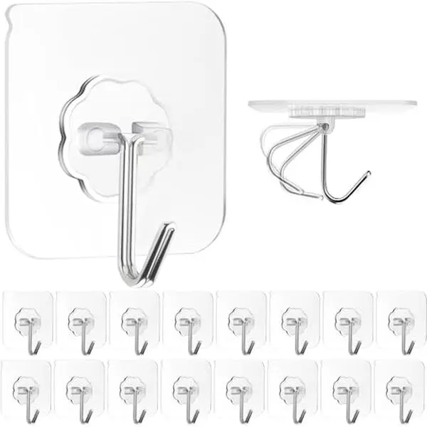 Adhesive Wall Hooks for Hanging, 16 Pack Self Sticky Hooks Heavy Duty 22lb Clear, Removable Shower Hook No Damage for Towel Key Coat Wreath Picture Outdoor Ceiling Bathroom Kitchen, Waterproof