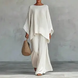 2026 Linen Sets for Women 2 Piece Linen and Cotton Long Sleeves Top and Wide-Leg Pants Two-Piece Set Beach Travel Outfits
