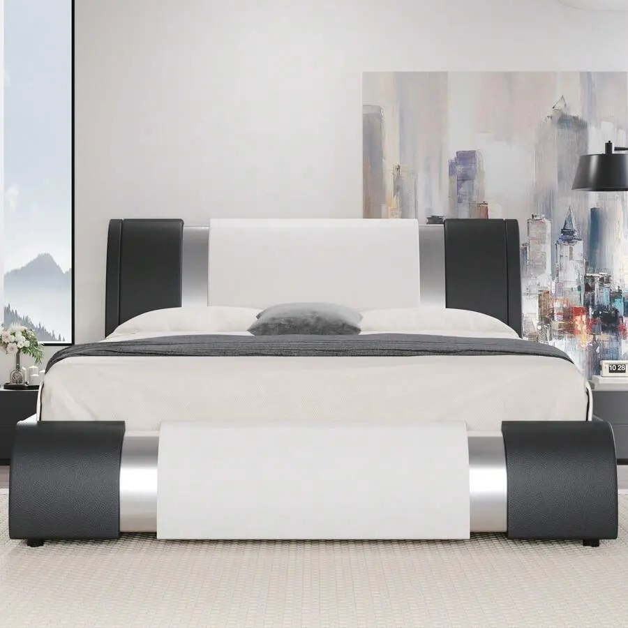 Modern Queen/King Faux Leather Bed Frame With Iron Pieces Decor, Low Profile Platform Bed With Height-Adjustable Headboard, Solid Wood Slat Support, No Box Spring Needed, Black/White/Black&White