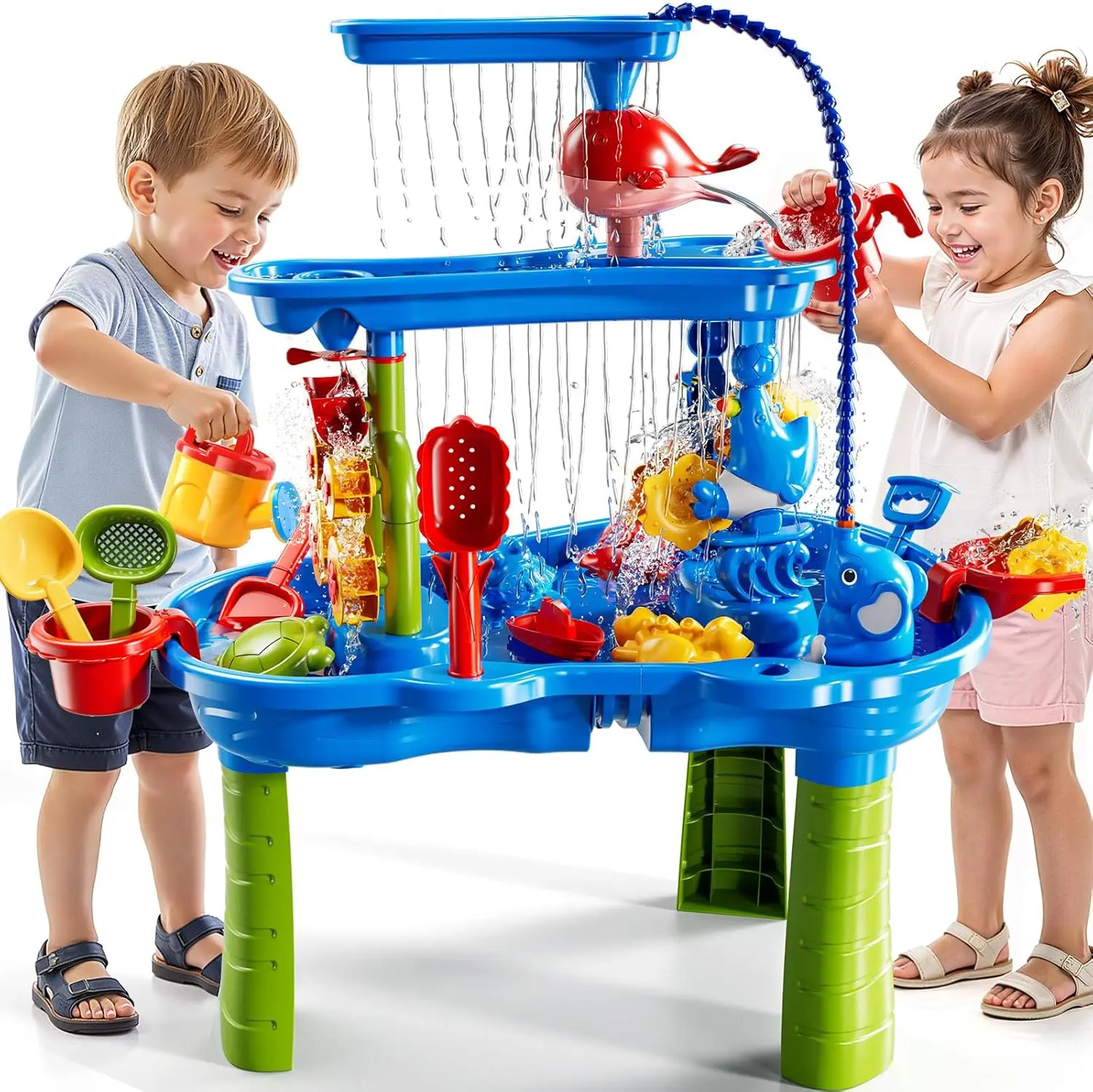3-Tier Sand and Water Table Toys for Kids Aged 3 4 5 6 7 8, Outdoor Activity Playset Sensory Play Table with Beach Toys Accessories Water Waterfall, Birthday Gifts for Toddlers