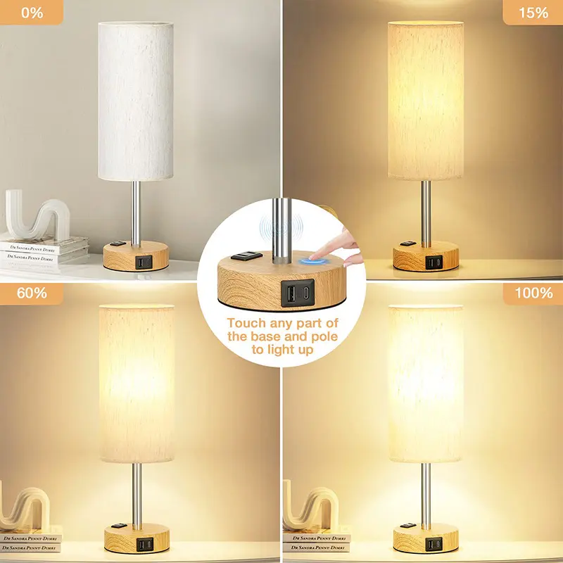 Hoodink Bedside Table Lamp for Bedroom LED Only- 3 Way Dimmable Touch Lamp USB C Charging Ports and AC Outlet, Small Lamp Wood/sliver Base Round Flaxen Fabric Shade for Living Room, Desk, LED Bulb Included, 40W Max